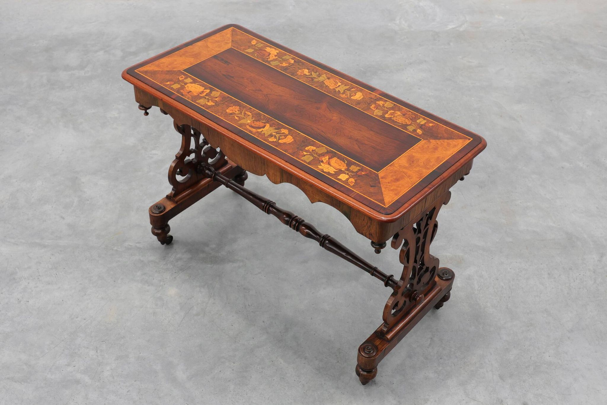 Victorian Walnut Side Table with Inlaid Top and Pierced Scroll Ends, Englan