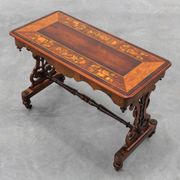 Victorian Walnut Side Table with Inlaid Top and Pierced Scroll Ends, Englan