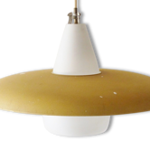 Grand lustre soucoupe jaune en tôle et verre opalin édition Philips années 50 vintage 50's rockabilly hanging light