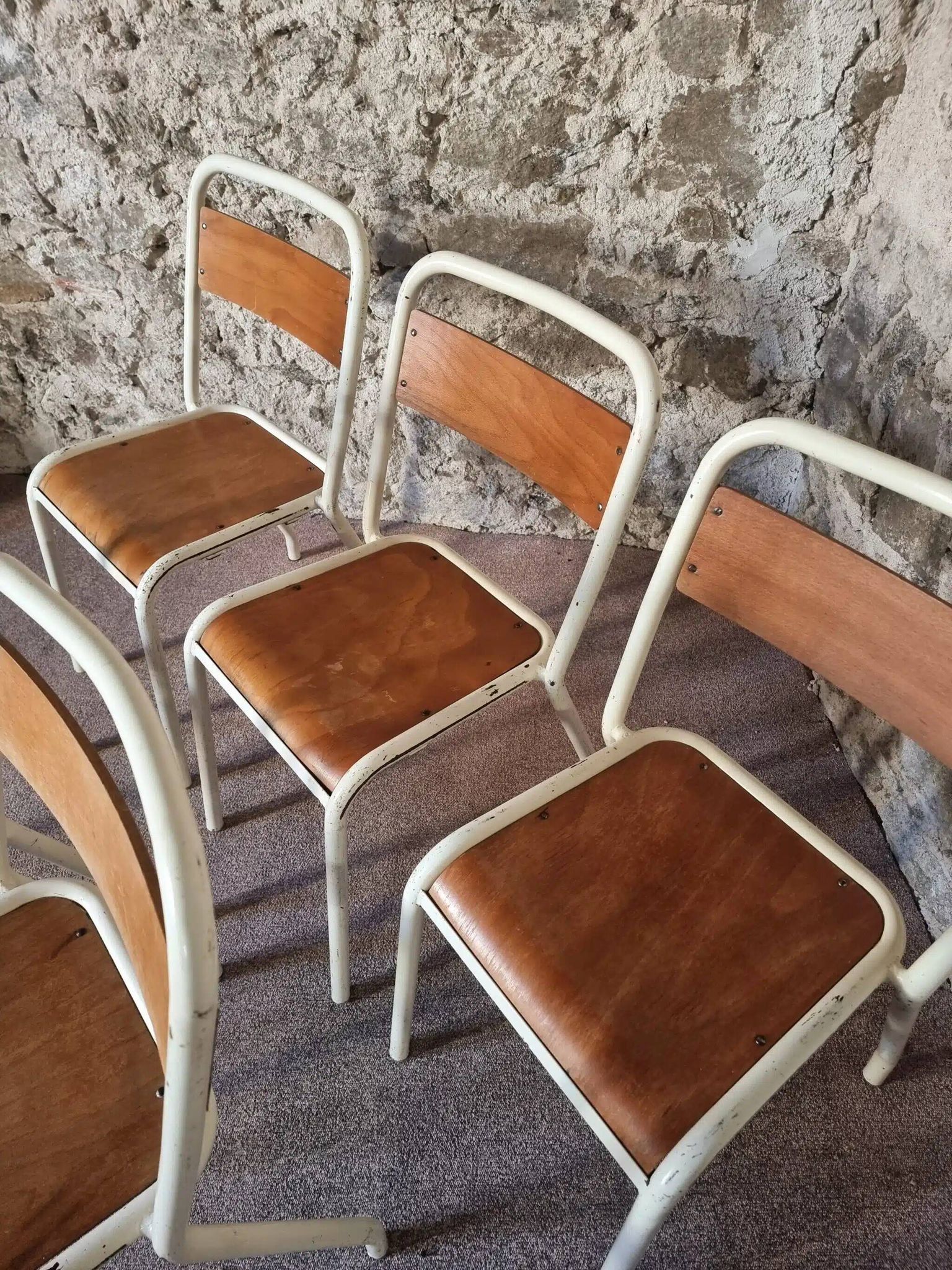 Vintage French school chairs – 1960s industrial cafe seats (set of 5)