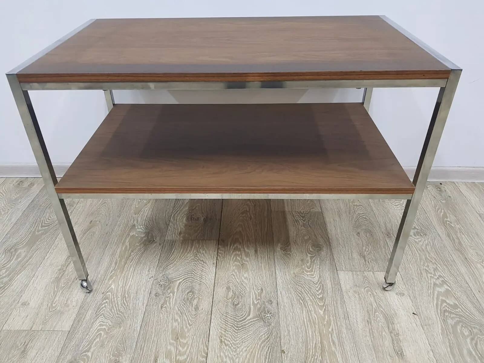 Mobile side table, brown, veneer, chrome-plated steel, Germany, 1970s.
