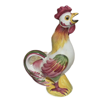 Pichet ancien en barbotine, coq, signature sous la base, Les Islettes