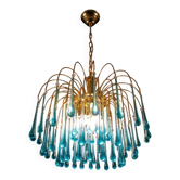 Vintage gold rain chandelier with handmade Murano glass drops.
