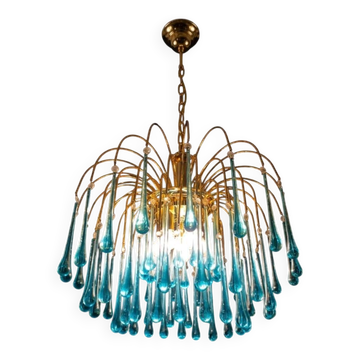 Vintage gold rain chandelier with handmade Murano glass drops.