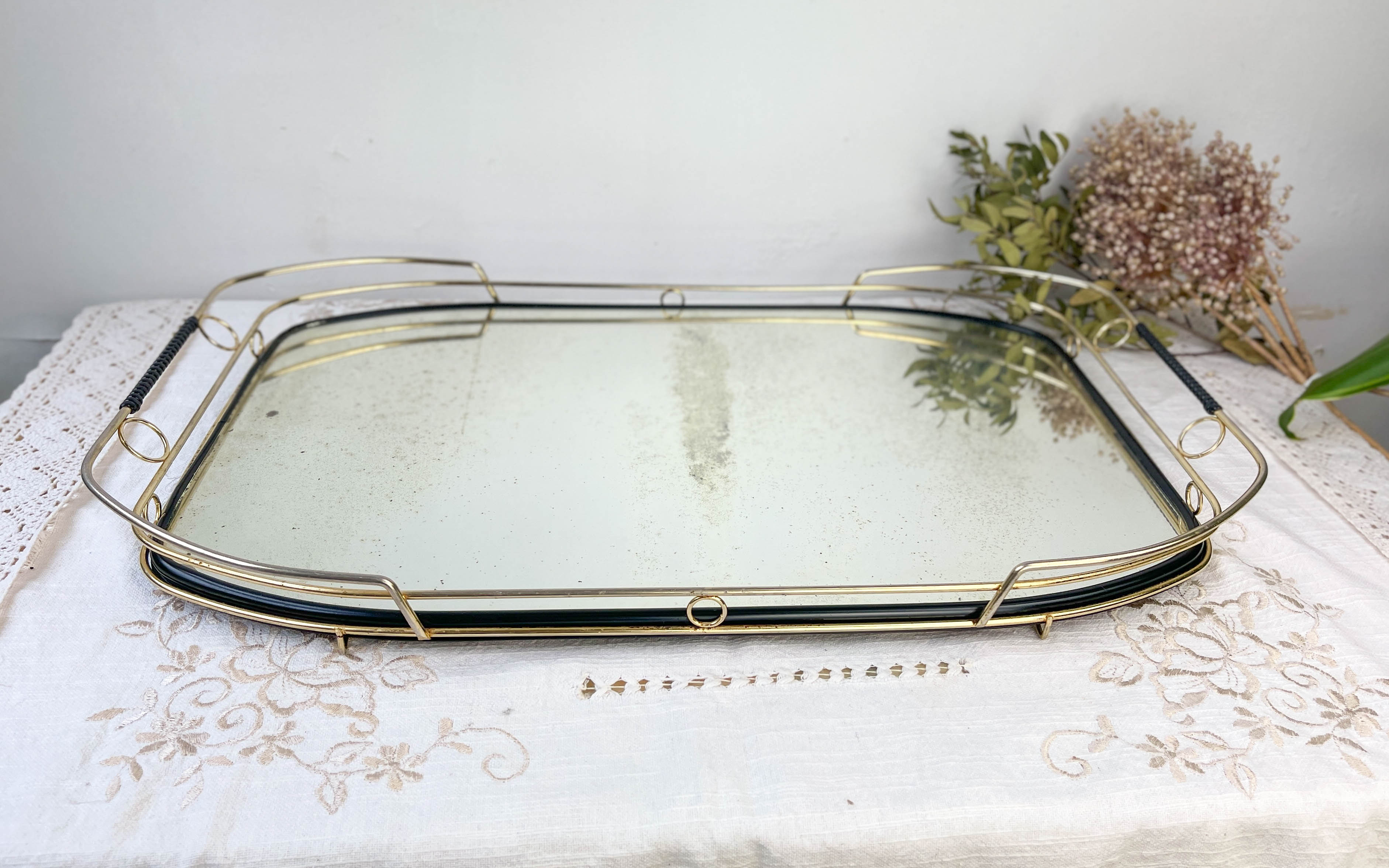Art Deco style mirror and brass serving tray