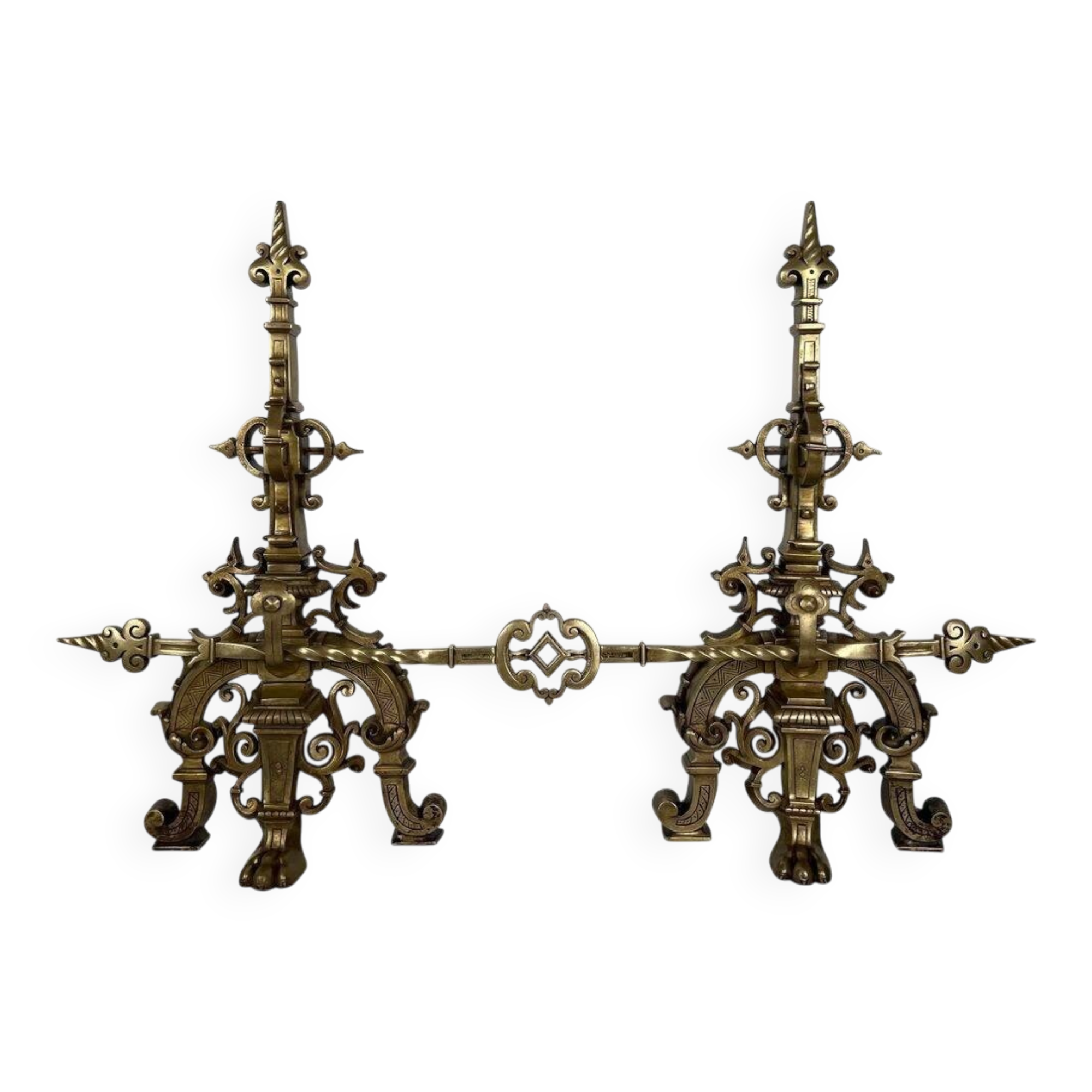 Important Renaissance Style Bronze Fireplace Set with Bar