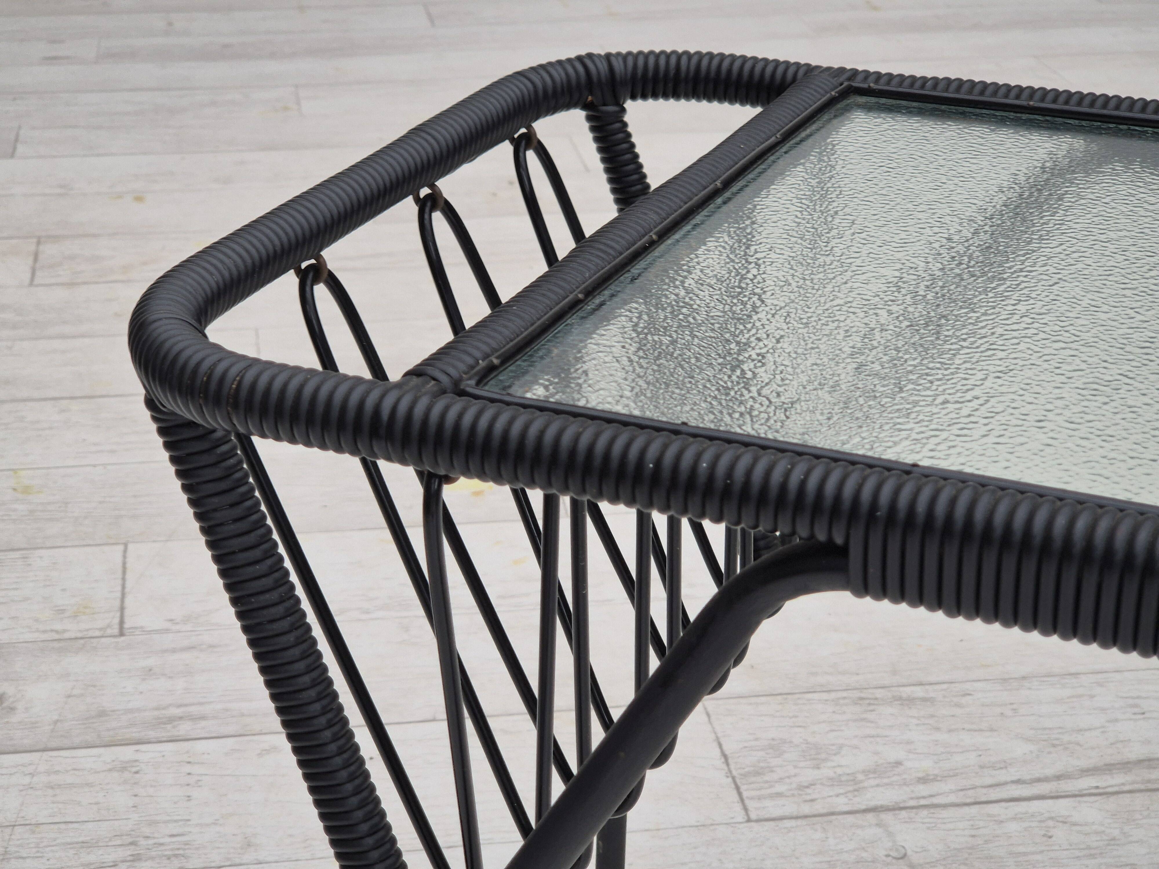 1970s, Scandinavian side table, original condition, glass, wood, metal, plastic rope.