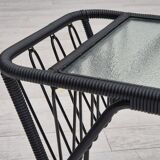 1970s, Scandinavian side table, original condition, glass, wood, metal, plastic rope.