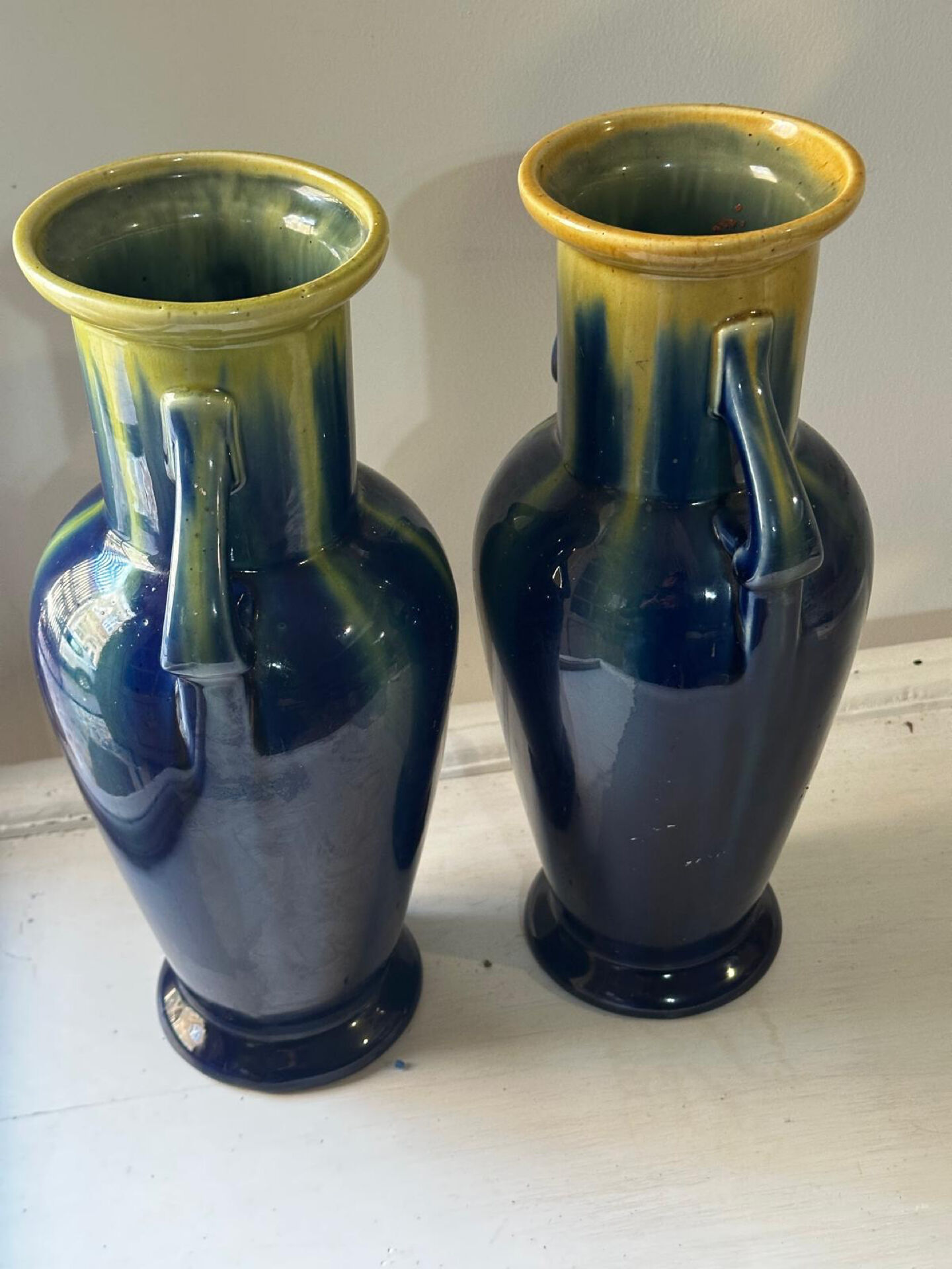 Pair of amphora vases Saint-Clément, glazed ceramic in blue and green.