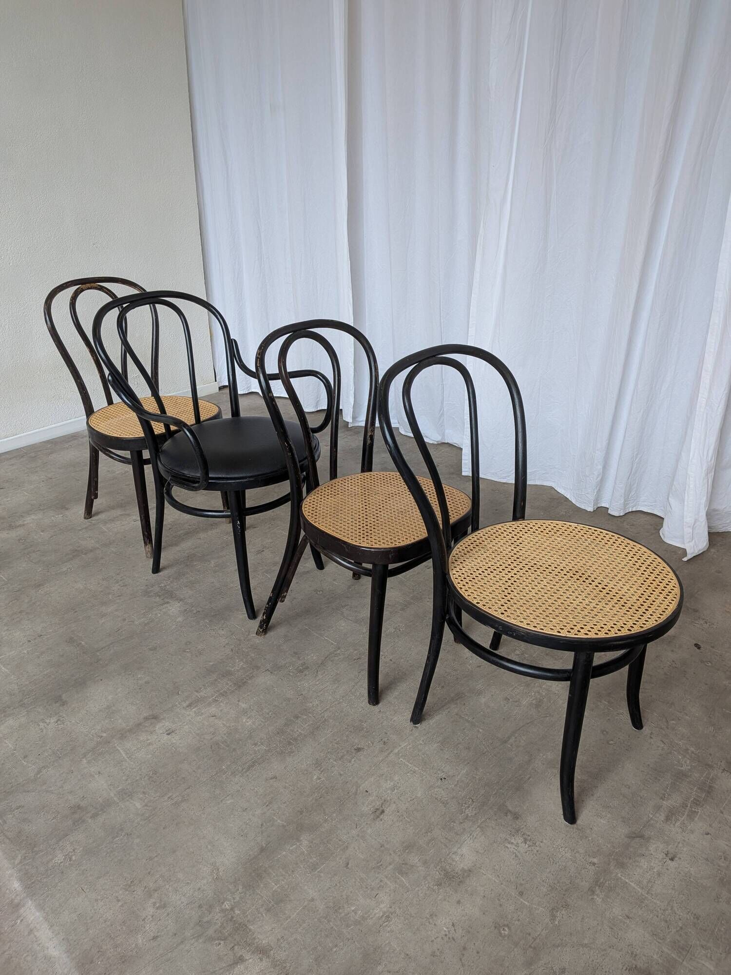 Set of 4 Mix&Match Thonet Style Dining Chairs / Black Bentwood Cane Chairs