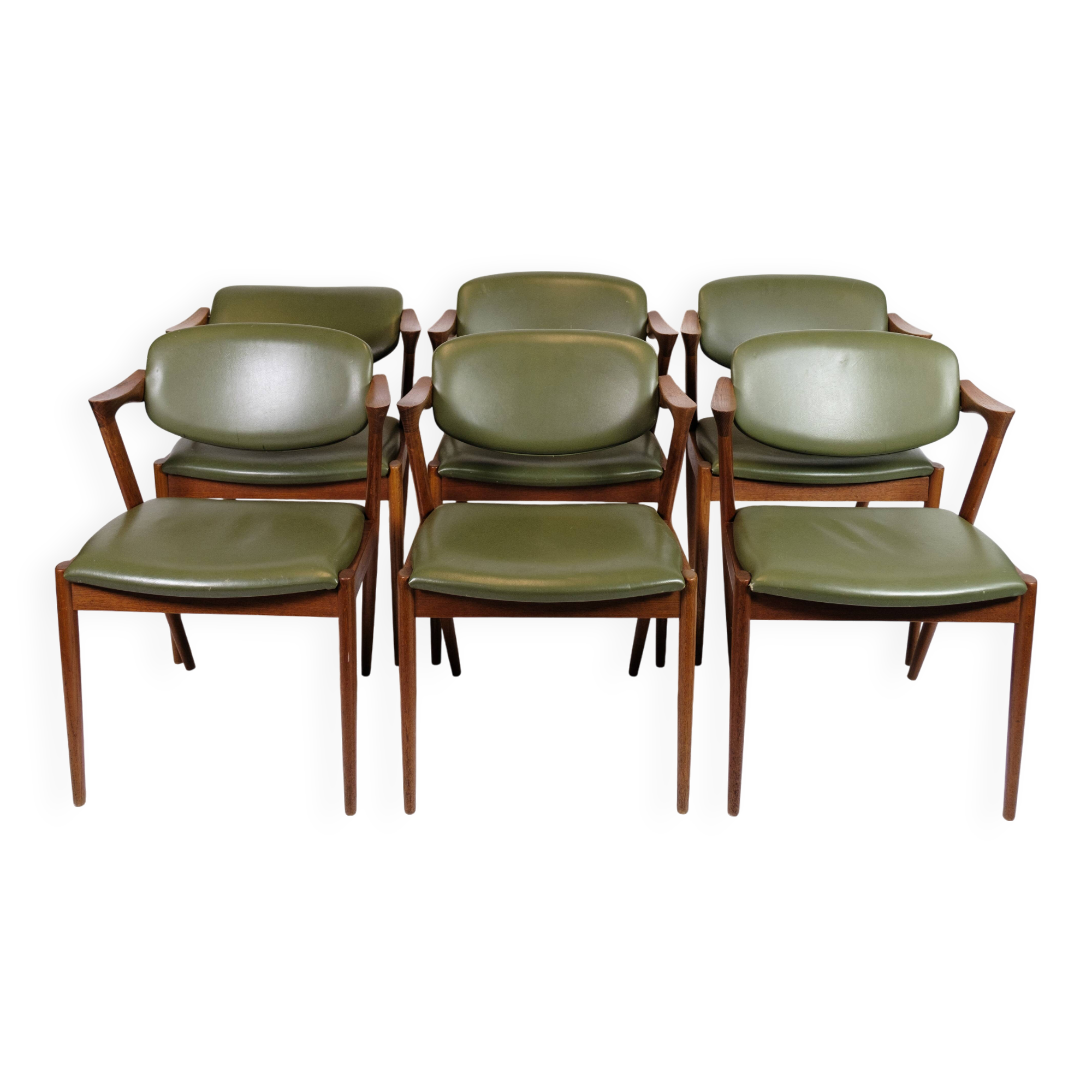 Set Of 6 Dining Chairs Model 42 Made IN Teak With Green Leather Seat By Kai Kristiansen From 1960s