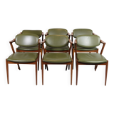 Set Of 6 Dining Chairs Model 42 Made IN Teak With Green Leather Seat By Kai Kristiansen From 1960s
