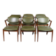 Ensemble de 6 chaises de salle à manger modèle 42 fabriquées en teck avec siège en cuir vert par Kai Kristiansen des années 1960
