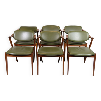 Set Of 6 Dining Chairs Model 42 Made IN Teak With Green Leather Seat By Kai Kristiansen From 1960s