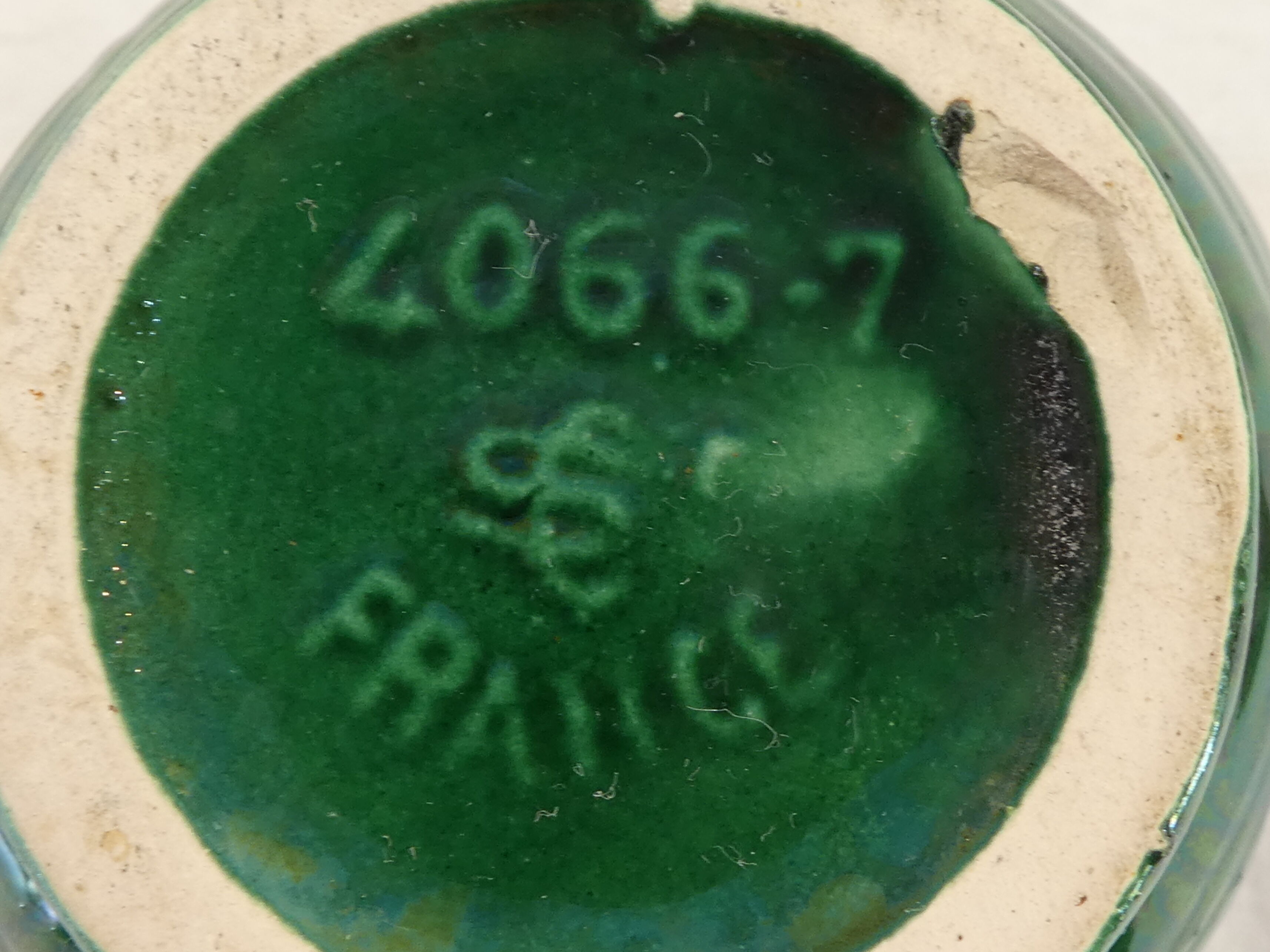 Old Little Vintage Green Pitcher in faience of ST CLEMENT flower basket decor