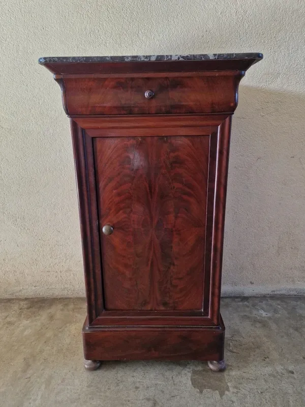 Louis Philippe XIX mahogany veneer and marble bedside table