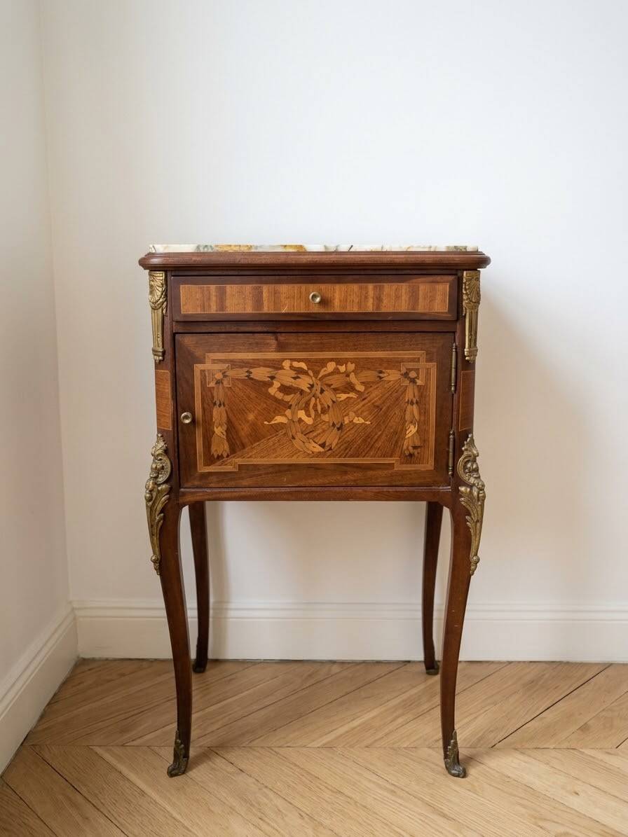 Napoleon III bedside table in marquetry wood and marble