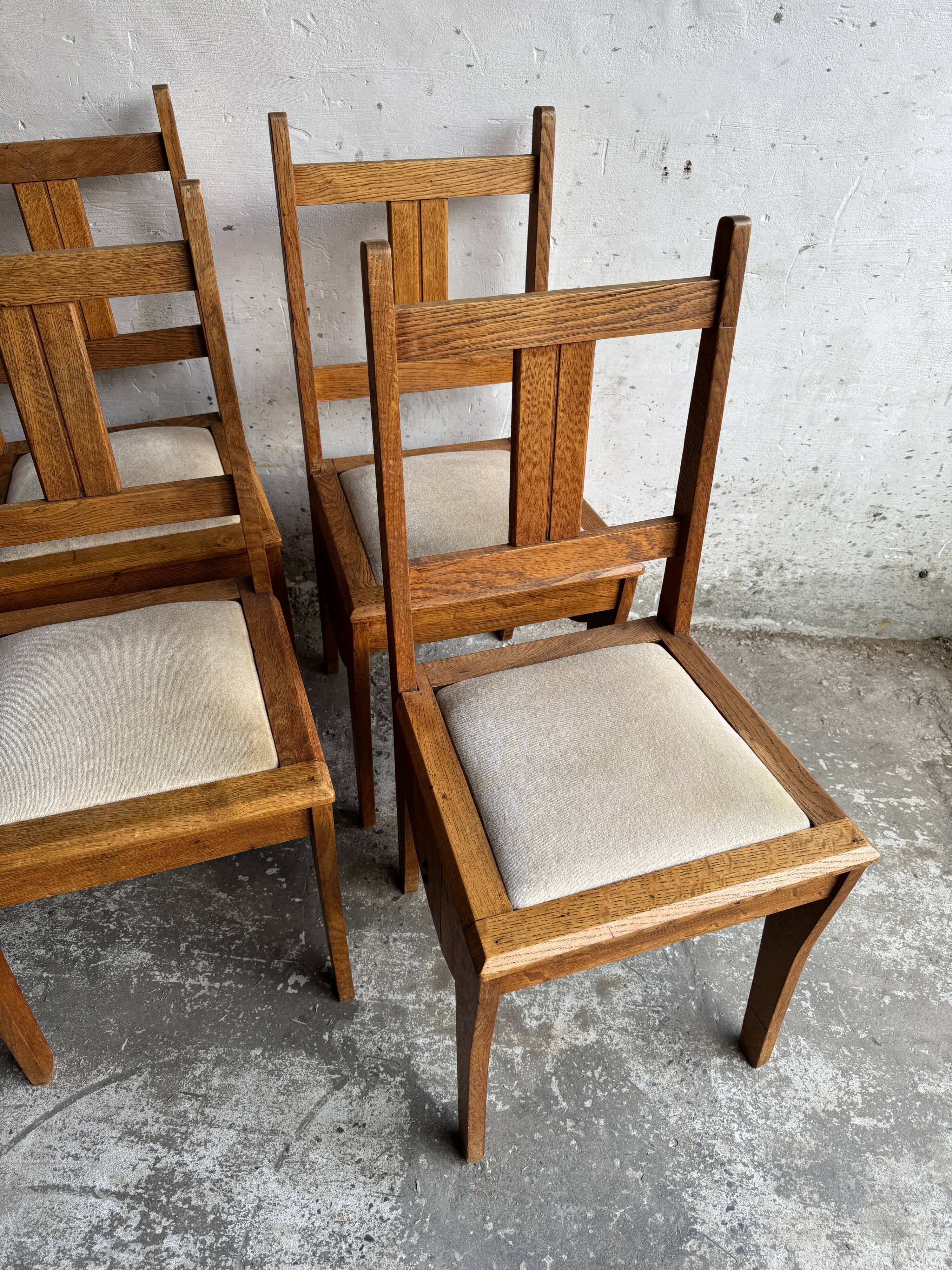 Set of 6 Amsterdamse School Art Deco Dining Chairs, Warm Oak Wood with Beige Upholstery