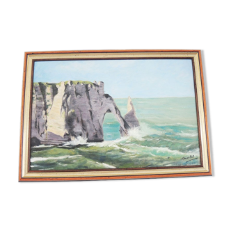 Oil on Wood Framed and Signed Henri Merlet : Falaise d'Etretat