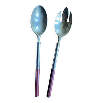 Pair of cutlery leather and metal salad