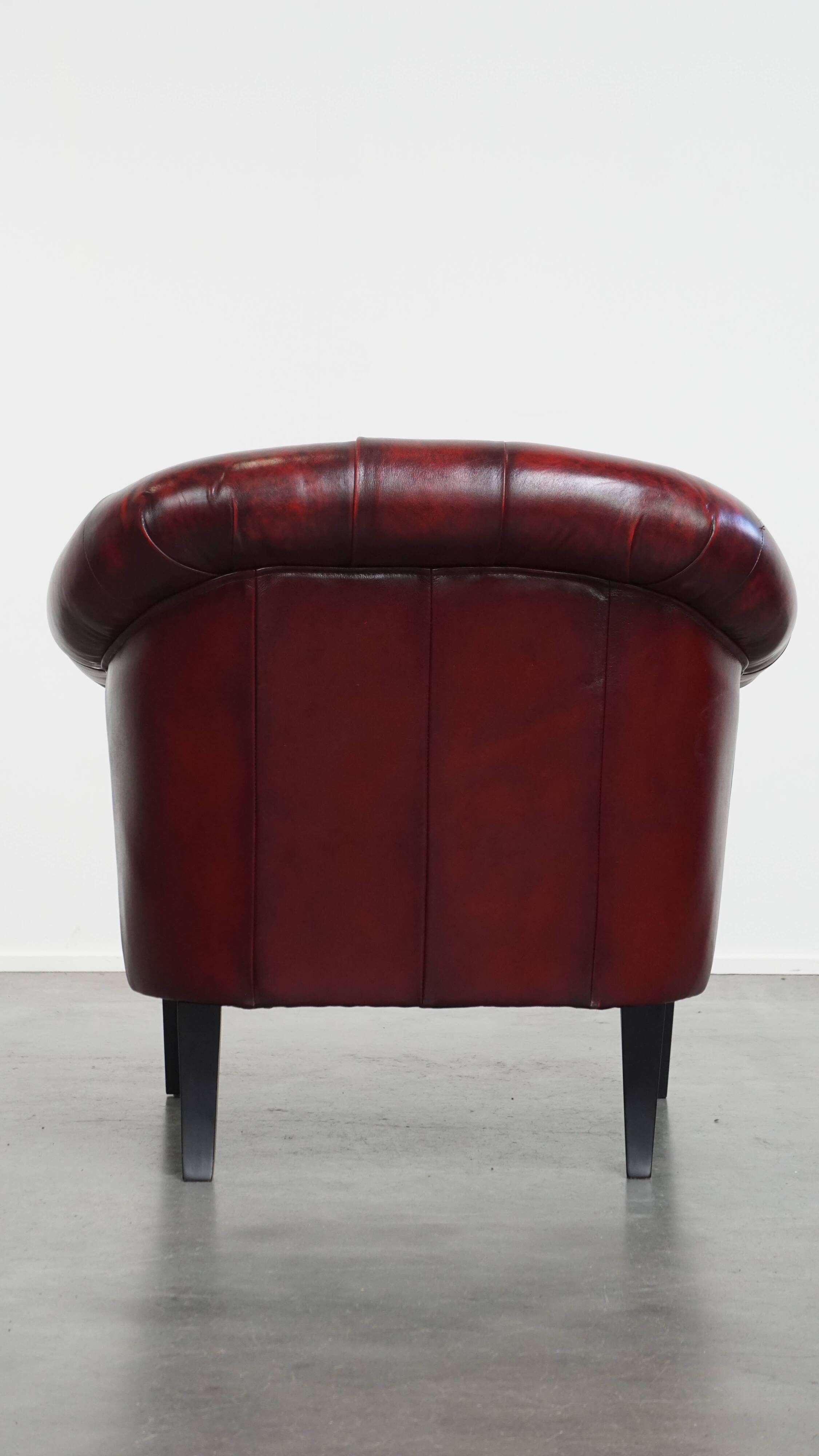 Set of a Red Cowhide Leather Chesterfield Club Chair and Side Table