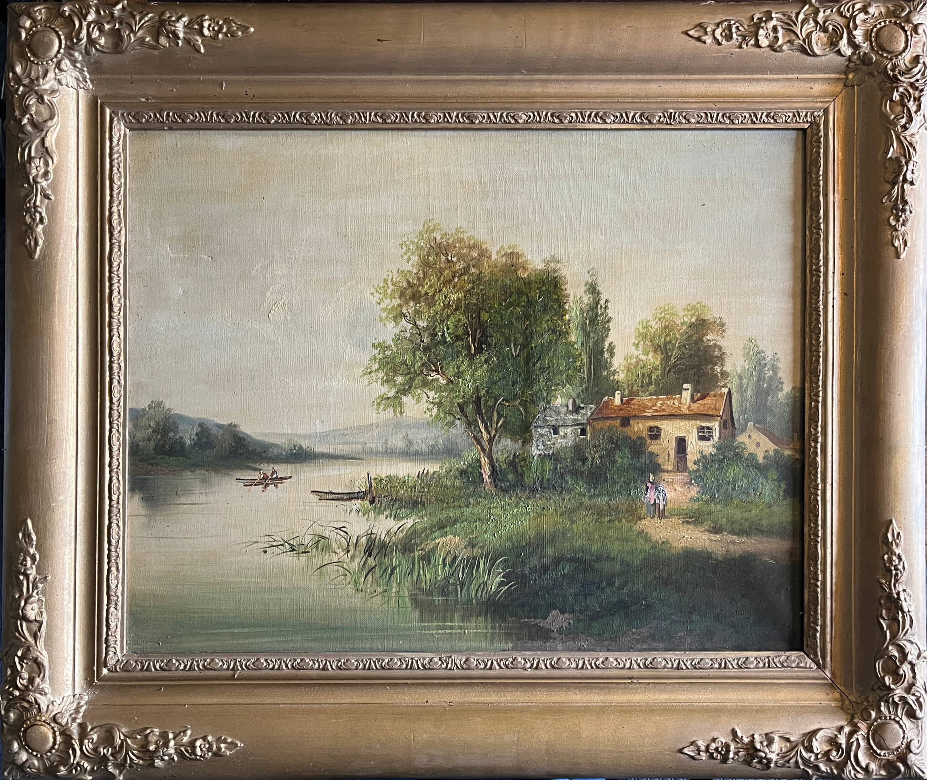 Painting, oil on framed canvas "Animated lake landscape" signed Michel, 19th century.