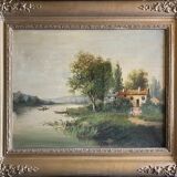 Painting, oil on framed canvas "Animated lake landscape" signed Michel, 19th century.