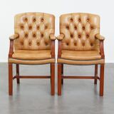 Set of 4 cowhide leather Chesterfield dining chairs in light cognac colour