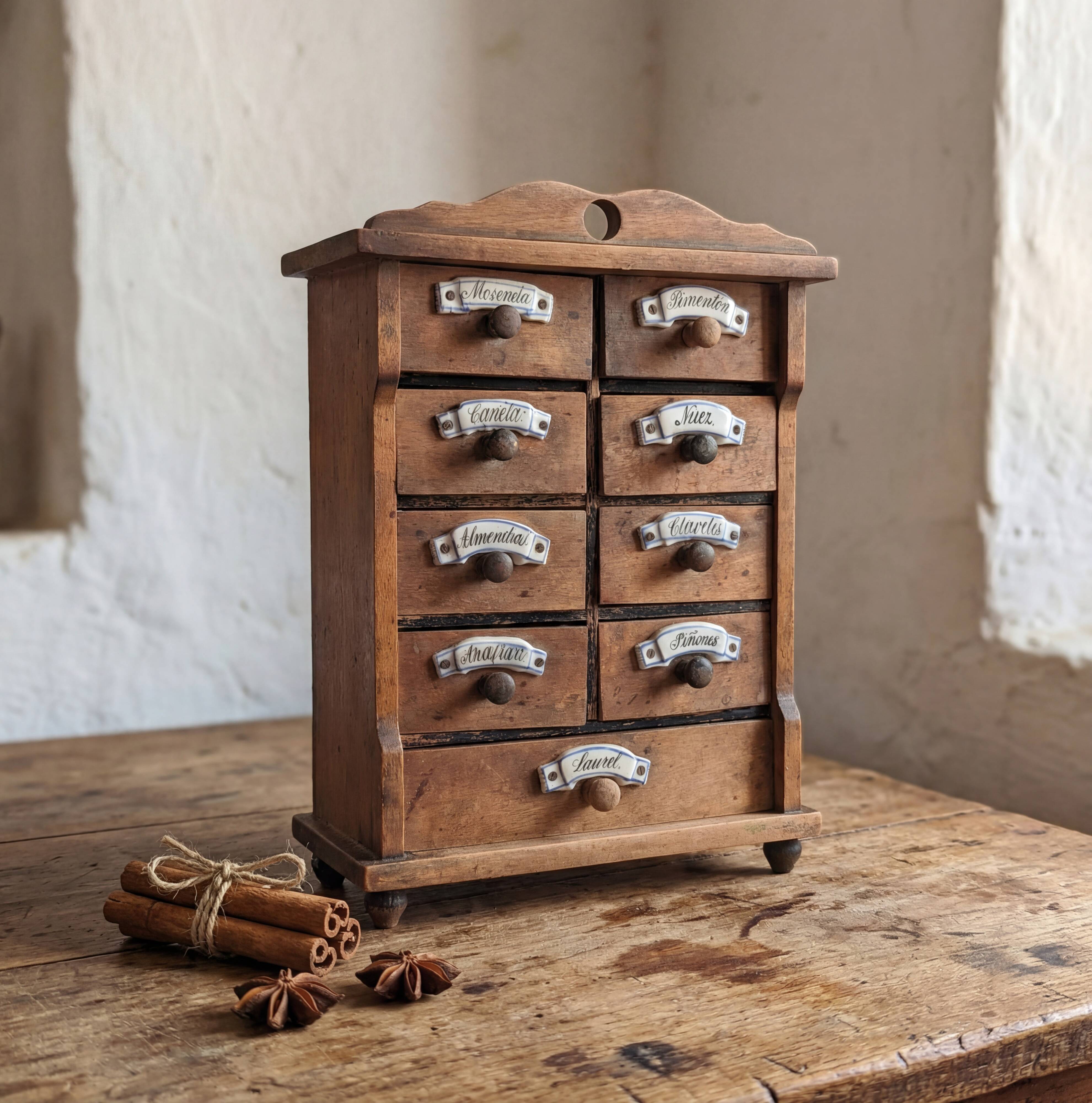 Cabinet à épices en bois rustique espagnol avec étiquettes en céramique, années 1930