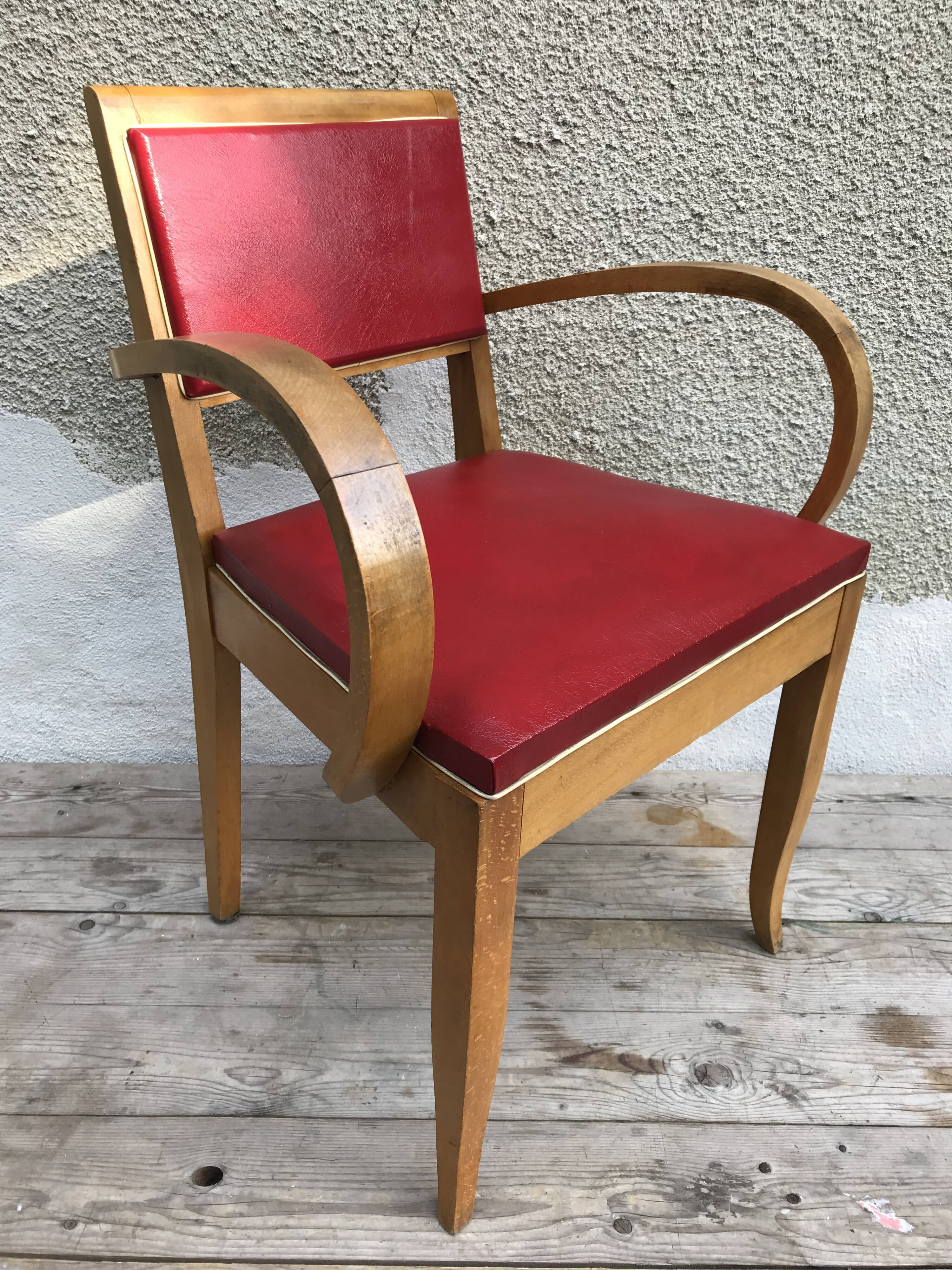 Fauteuil bridge ancien bois & skai rouge années 70