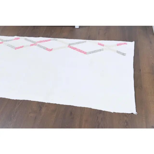 Vintage Turkish Handmade Wool Cotton White Kilim Runner 73x211