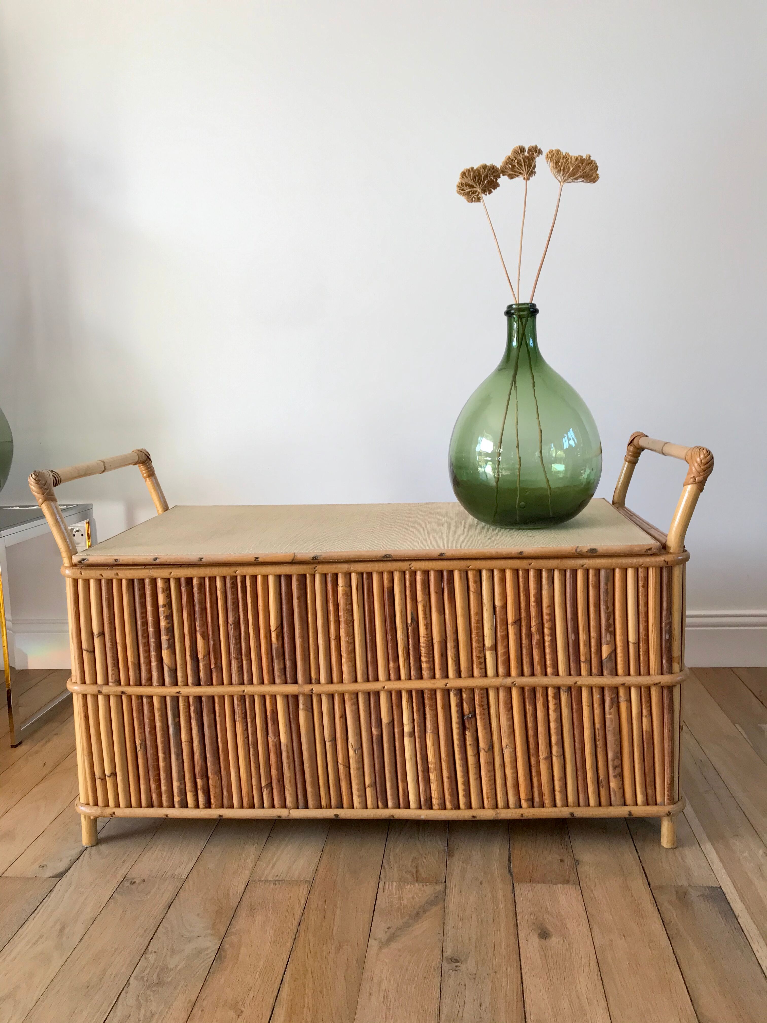 Bench-chest in rattan and bamboo 60s