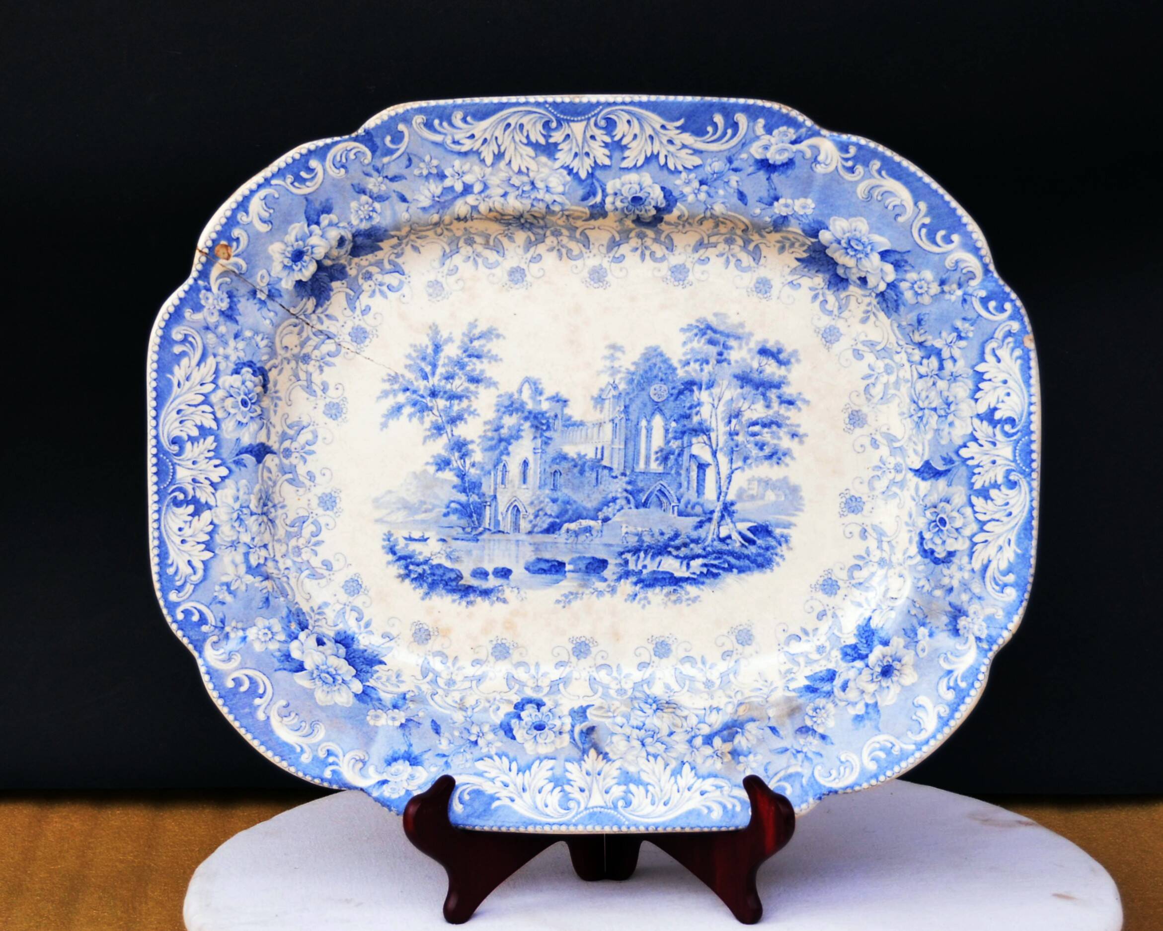 Large Decorative Platter Blue Transferware with Abbey Ruin early 19th C.