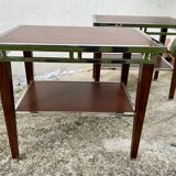 Pair of modernist chrome, leather and wood side tables