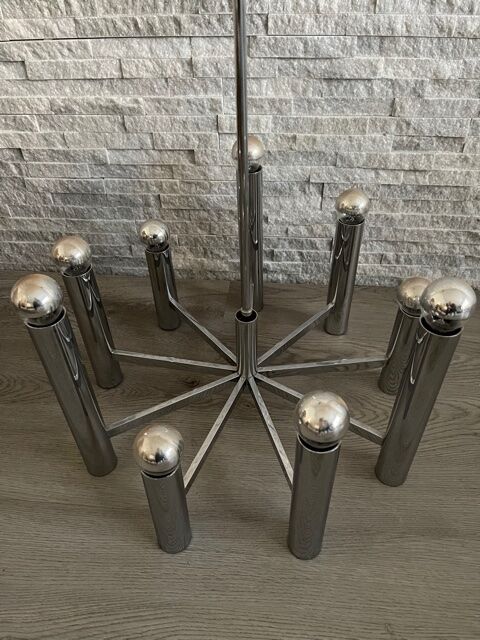 Large vintage chandelier stainless steel 1970