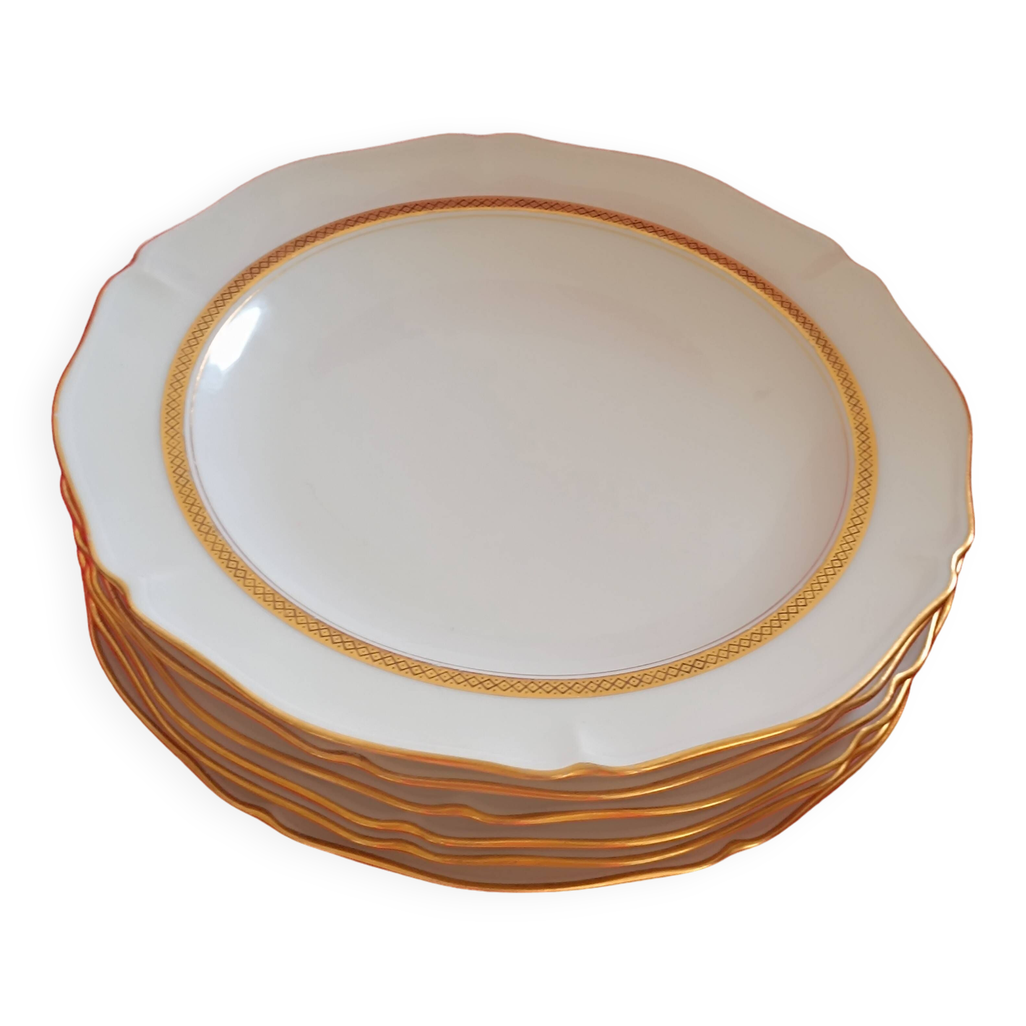 6 Limoges France dinner plates. White, matte gold edging. R; Leclair.