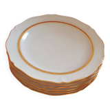 6 Limoges France dinner plates. White, matte gold edging. R; Leclair.