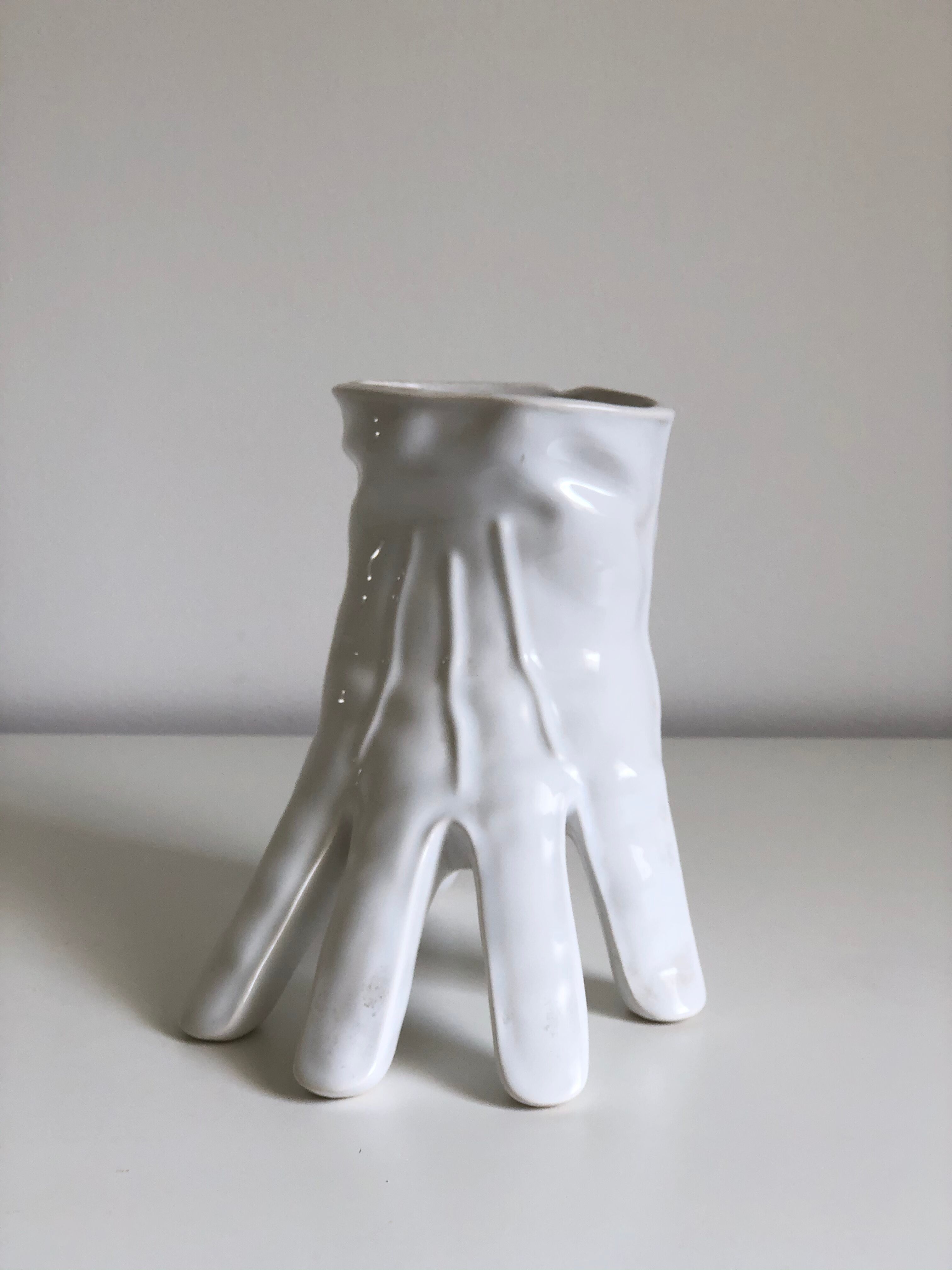 Surreal ceramic vase in the shape of a white glove by Leo Bonassera., 1970