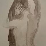 Tableau signé aquarelle monochrome sépia portrait féminin « la coiffure »