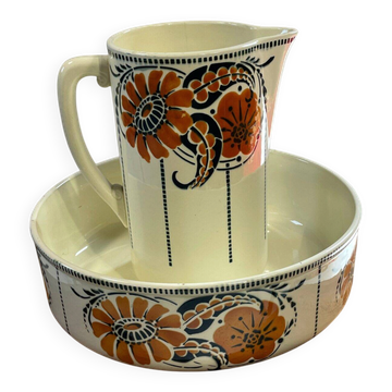 Antique bowl and basin from Saint-Amand, decorated earthenware, 1920s