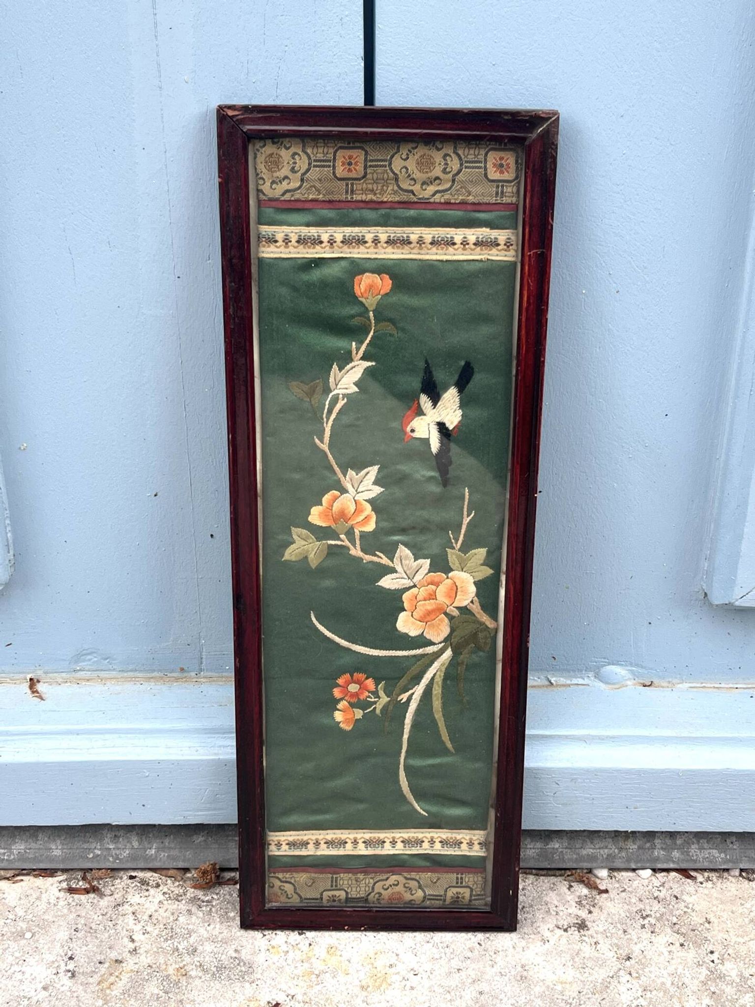 Framed Chinese Silk Embroidery Panel with Bird and Blossoms