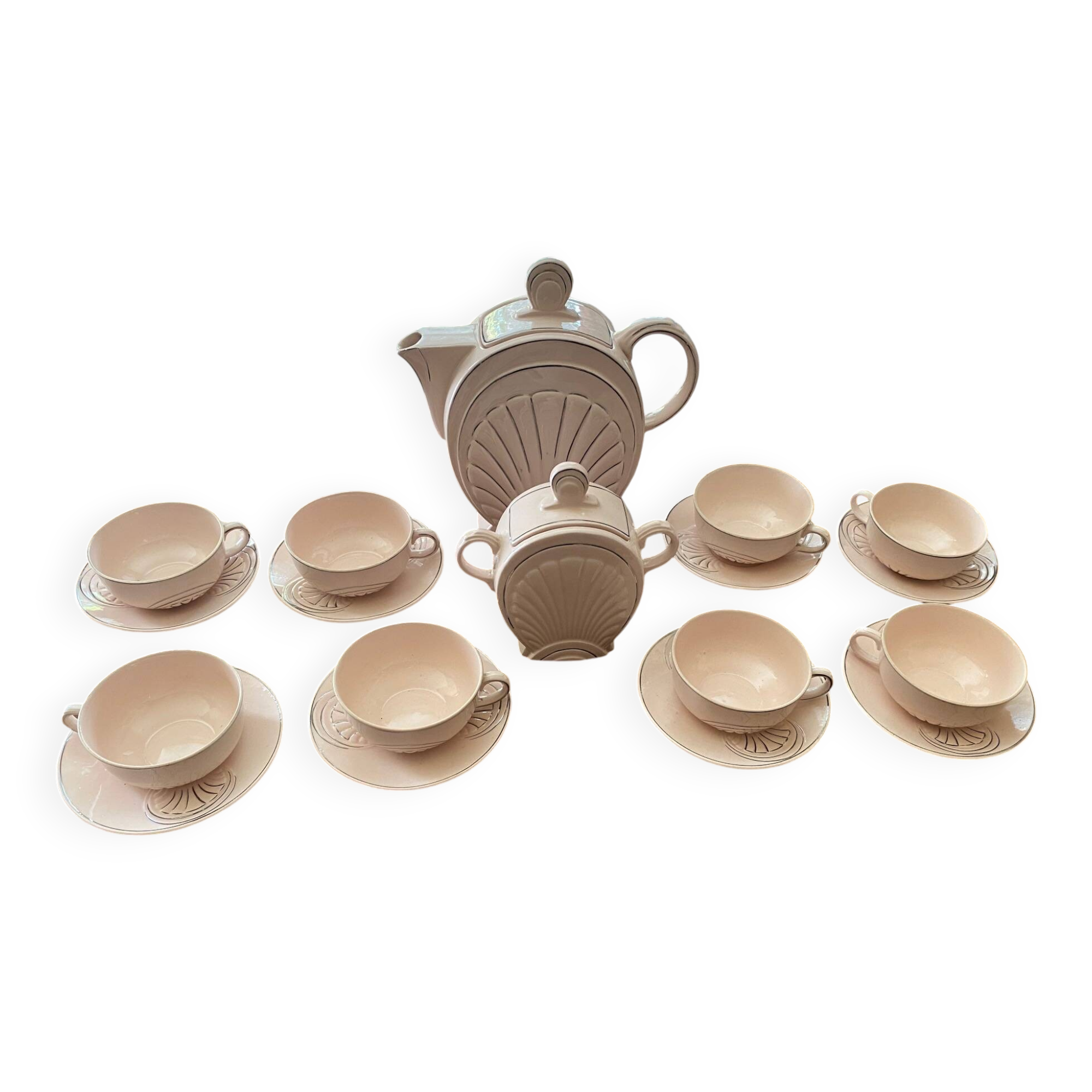 1930s art deco coffee service in pale pink earthenware with shell decoration