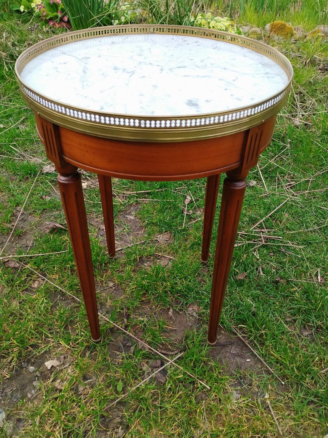 Antique hot water bottle table, Louis XVI style marble top