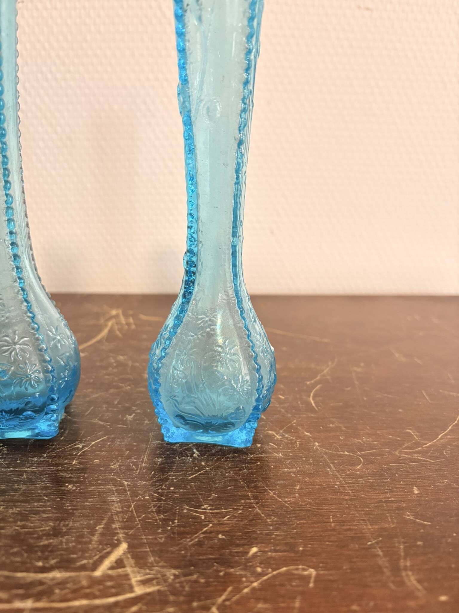 Antique Pair of Soliflore Vases Moulded Pressed Glass Blue Opaline Sapphire 19th Century