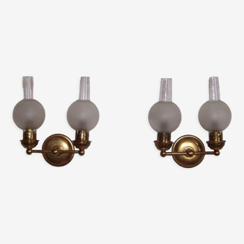 Pair vintage french brass lantern style double wall lights funnel shades 4167