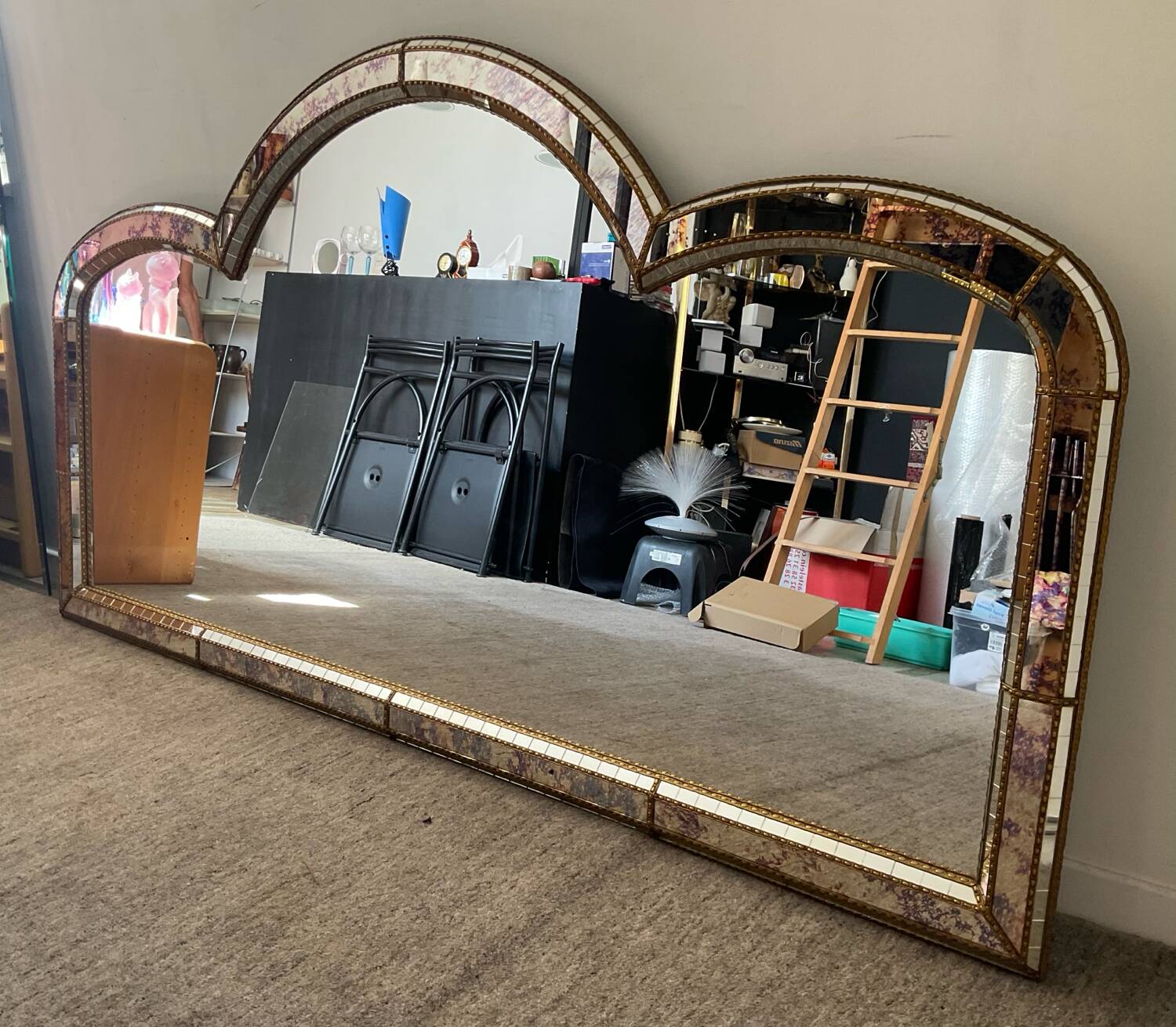 Large vintage brass and glazing bead mirror