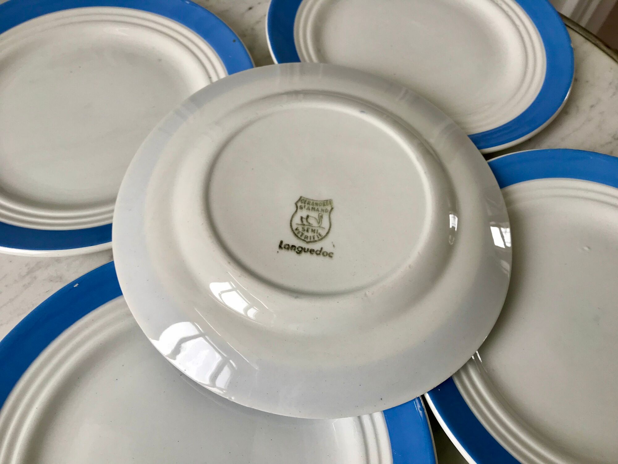 lot of 6 flat plates sky blue Saint-Amand model "Languedoc" 50s