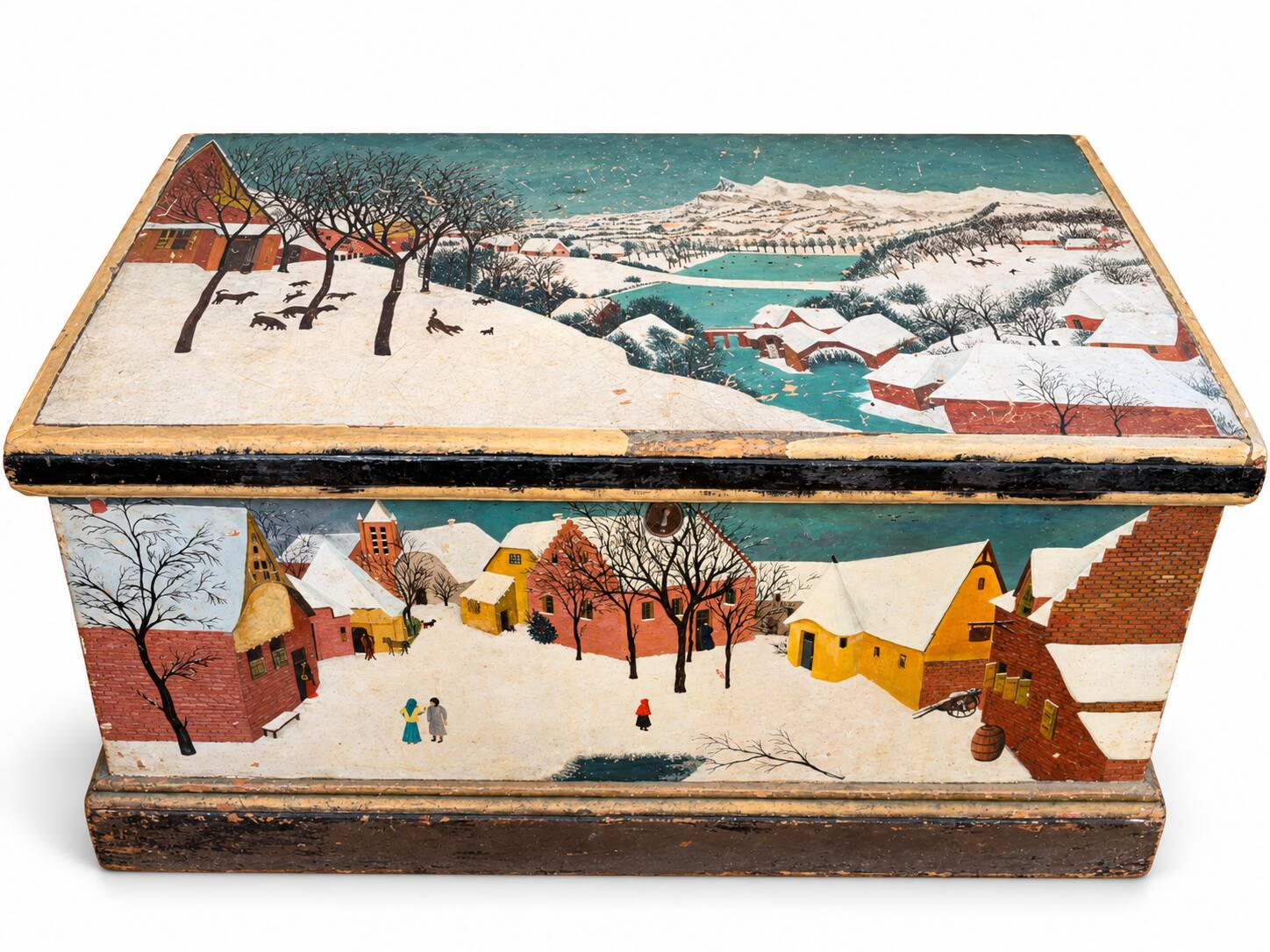 Antique chest hand-painted with a snowy village scene and a starry interior.