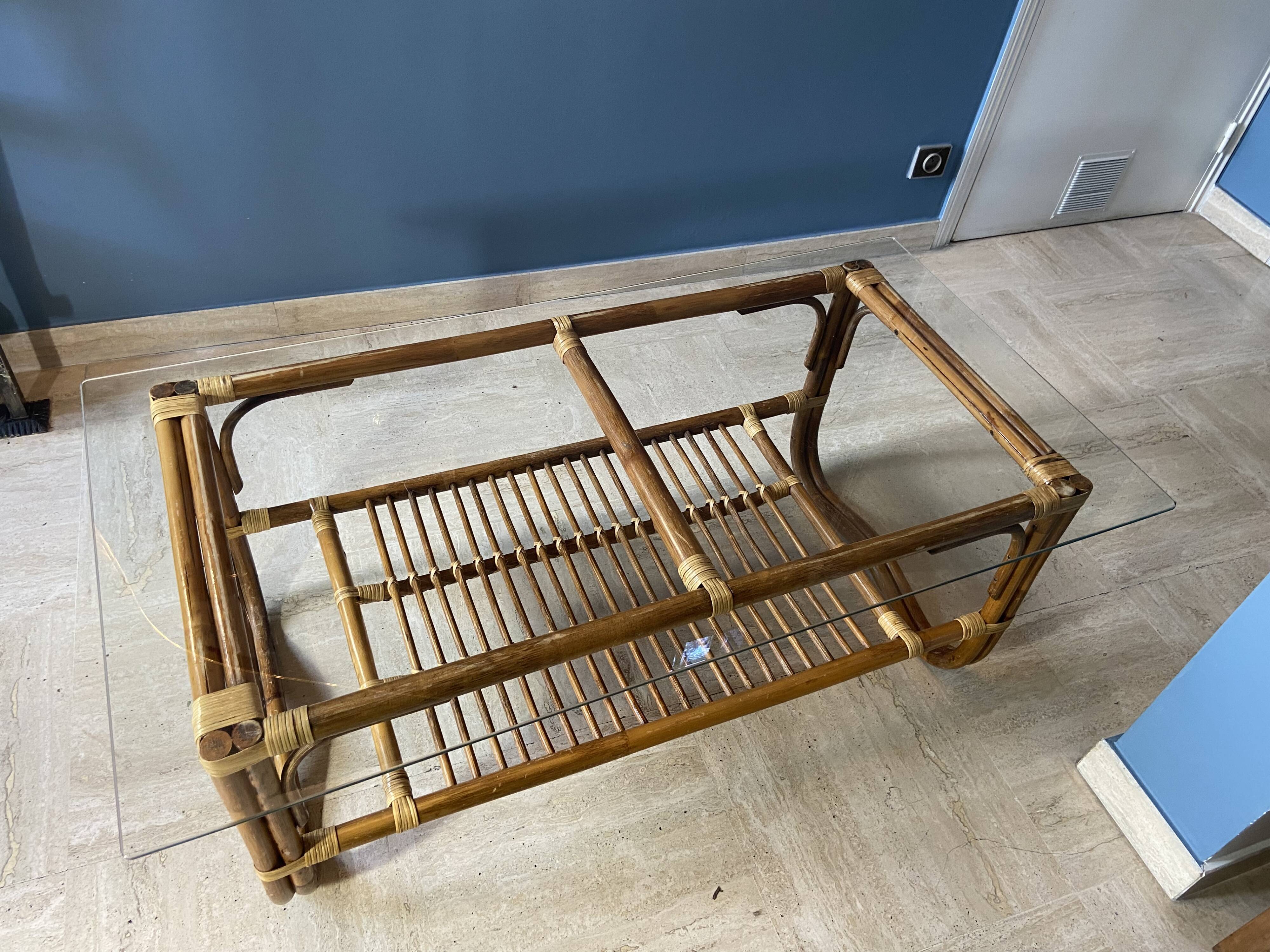 Vintage rattan and glass coffee table