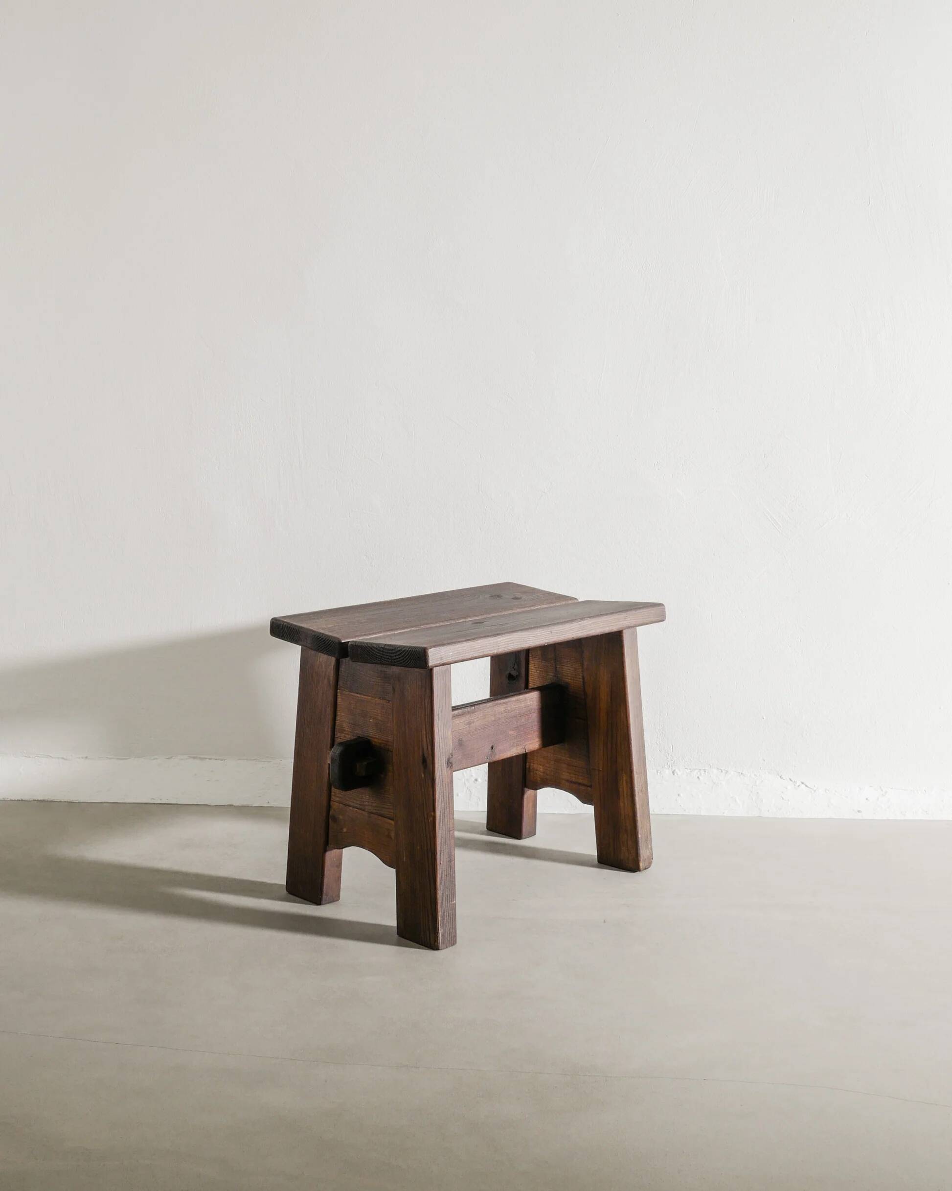 Vintage Swedish Dark Wooden "Berga" Pine Stool by David Rosén, 1930s